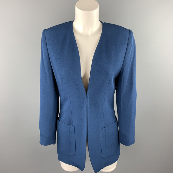 ROSANNA MANZONI Size 6 Blue Twill Silk Open Front Collarless Jacket