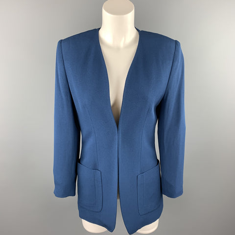 ROSANNA MANZONI Taille 6 Veste sans col en soie sergée bleue ouverte sur le devant