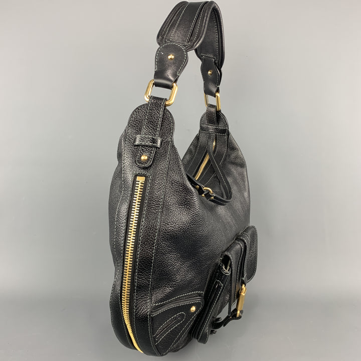 MARC JACOBS Black Leather Gold Tone Lock Zip Hobo Handbag