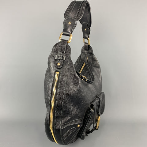 MARC JACOBS Black Leather Gold Tone Lock Zip Hobo Handbag