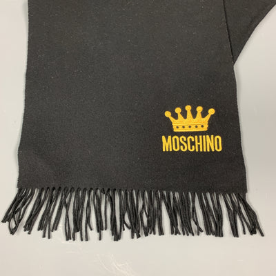 MOSCHINO Black Wool Yellow EMbroidered Crown Logo Fringe Scarf