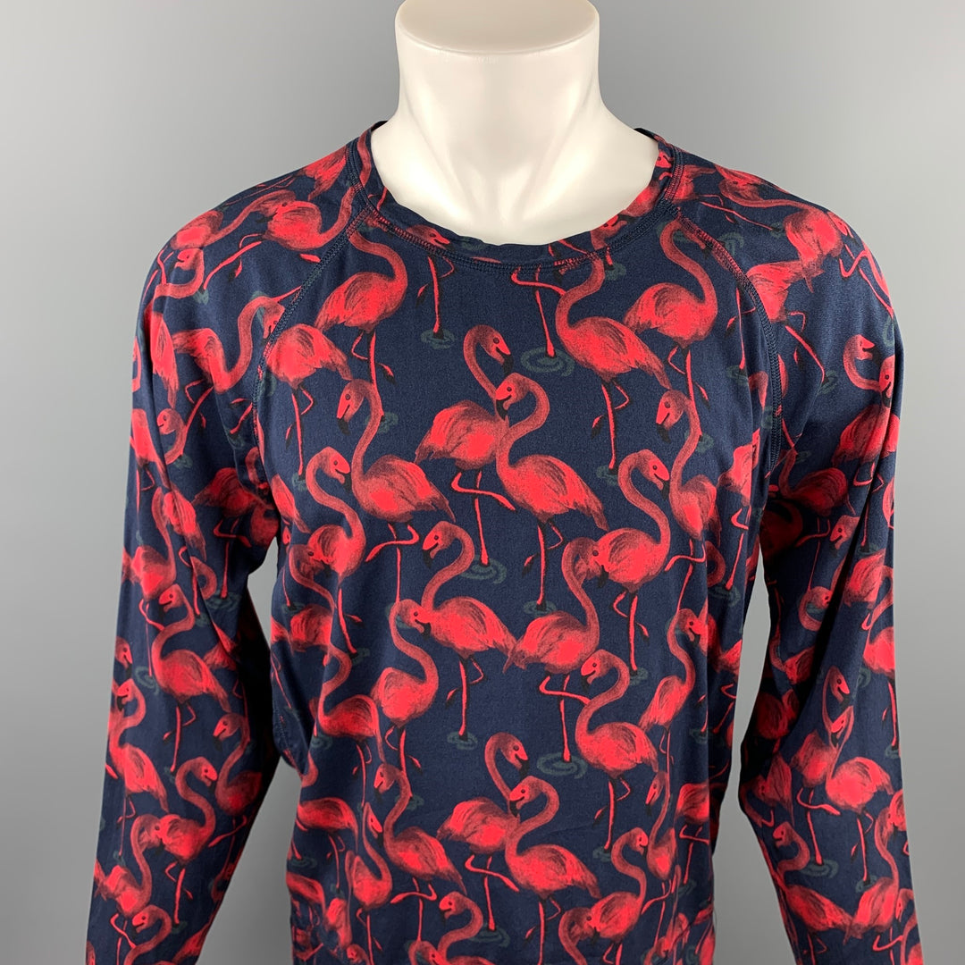 MARC JACOBS Size M Navy & Red Flamingo Print Viscose Raglan Pullover