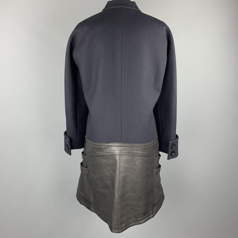 SACAI Size L Navy Wool Notch Lapel Hidden Button Leather Belted Panel Coat