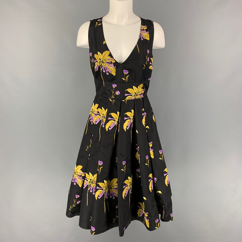 PRADA Taille 4 Robe de cocktail plissée en soie florale noir jaune violet