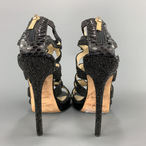 JIMMY CHOO Talla 7 Sandalias de tiras de cuero con purpurina y piel de serpiente negra