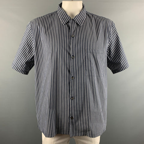 THEORY Size XXL Black White Stripe Cotton Blend One pocket Short Sleeve Shirt