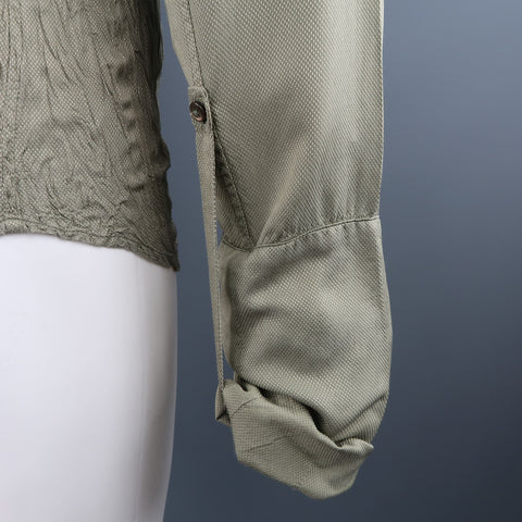 ROBERTO CAVALLI Olive Nailhead Cotton Wrinkled Gathered Waist Long Sleeve Shirt