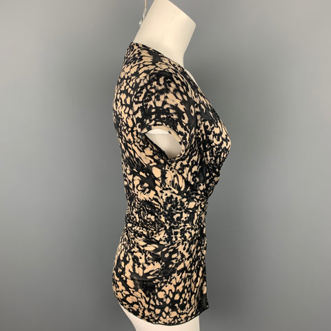 MAX MARA Size S Tan & Black Print V-Neck Blouse