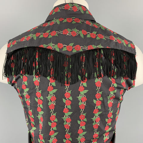 NUMBER (N)INE Size M Black & Red Floral Cotton Fringe Snaps Western Sleeveless Shirt