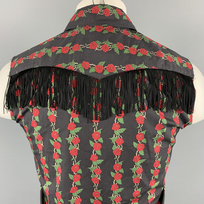 NUMBER (N)INE Size M Black & Red Floral Cotton Fringe Snaps Western Sleeveless Shirt