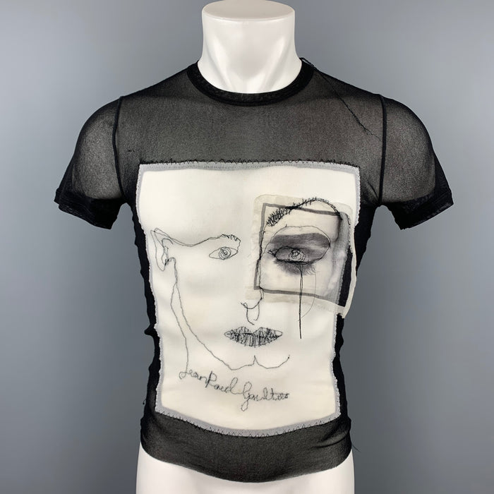 JEAN PAUL GAULTIER Size S Black & White Face Applique Mesh Crew-Neck T-shirt
