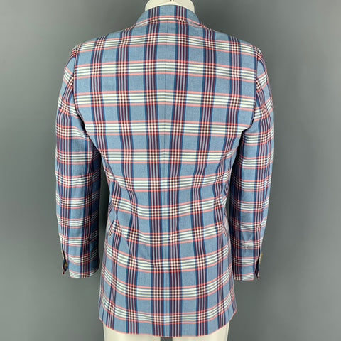 WALTER VAN BEIRENDONCK Spring 2017 Size 38 Blue White & Red Plaid Cotton Sport Coat