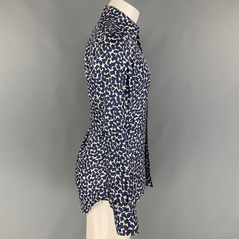 PRADA Size M Navy White Abstract Silk Long Sleeve Shirt