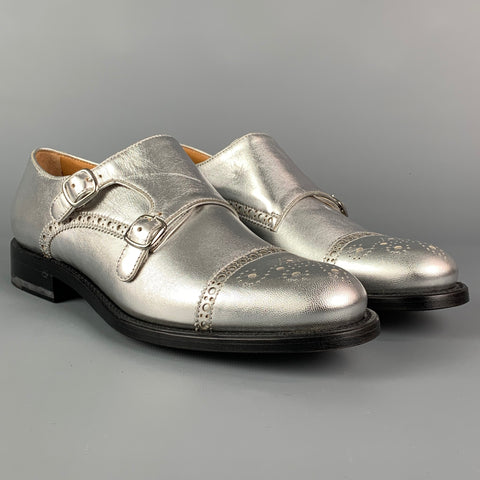 O'KEEFFE Size 7 Silver Leather Perforated Double Monk Strap Flats