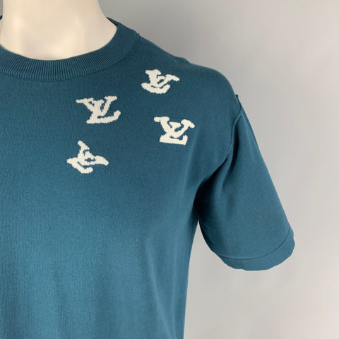 LOUIS VUITTON Size L Teal White Monogram Cotton Short Sleeve Pullover
