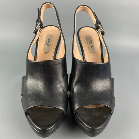 PRADA Size 8 Black Leather Platform Sandals