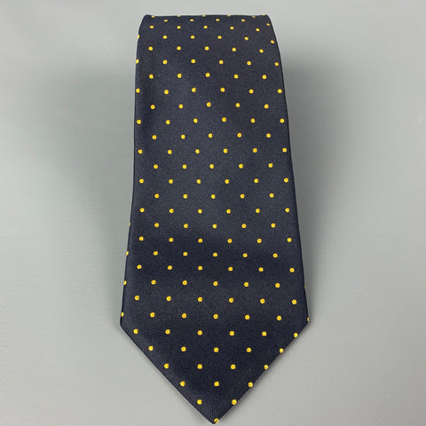 BARNEY'S NEW YORK Navy Yellow Polka Dot Silk Twill Tie