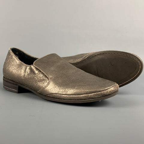 BRUNELLO CUCINELLI Zapatos planos mocasines craquelados de cuero plateado talla 7