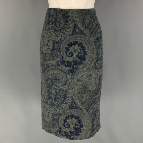 RALPH LAUREN Black Label Size 4 Blue Grey Wool Paisley Pencil Below Knee Skirt