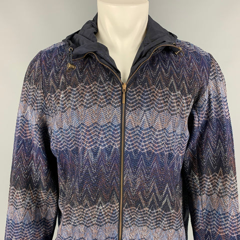 MISSONI Size XL Multi-Color Zig Zag Cotton Blend Hooded Reversible Jacket
