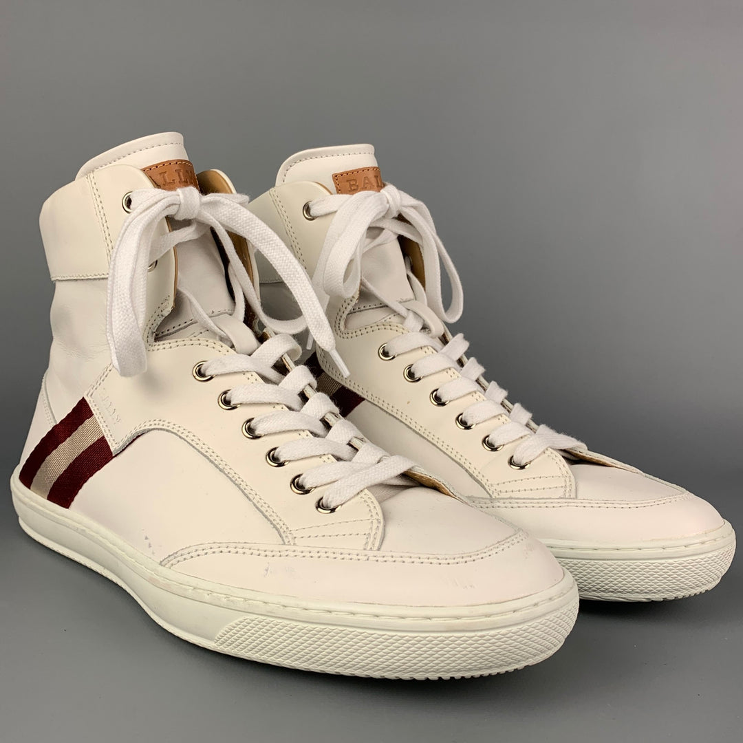 BALLY Size 9 White & Burgundy Stripe Leather High Top Sneakers
