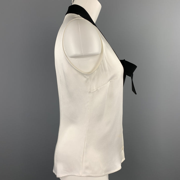 MICHAEL KORS Size 6 White Crepe Black Tie Sleeveless Blouse