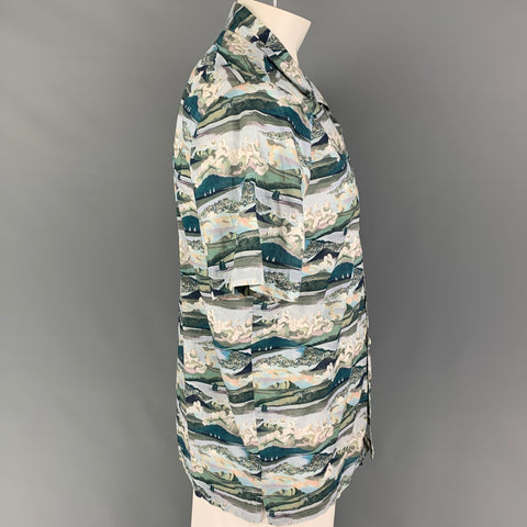 ONIA Size L Multi-Color Print Cotton Button Up Short Sleeve Shirt