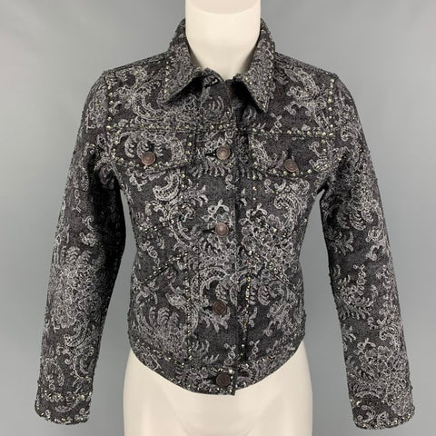 MARC JACOBS Chaqueta corta con adornos de cristal y encaje vaquero blanco y negro talla S