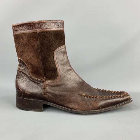 DSQUARED2 Size 12 Brown Leather Side Zipper Stitched Distressed  Boots