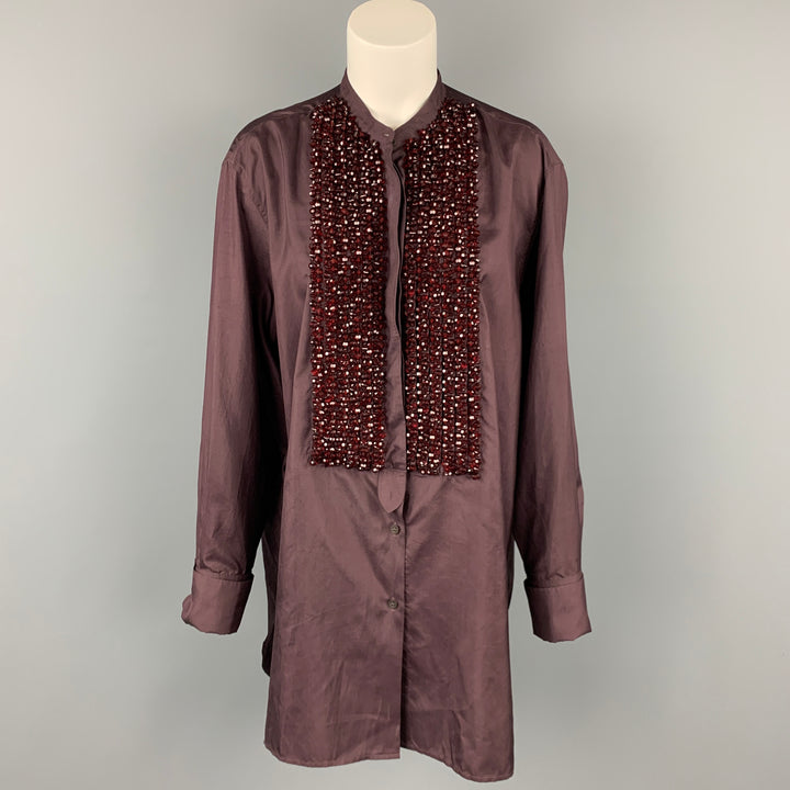 DRIES VAN NOTEN Size L Brown Beaded Silk French Cuffs  Shirt