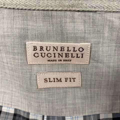 BRUNELLO CUCINELLI Size M Blue White Charcoal Checkered Slim Fit Shirt