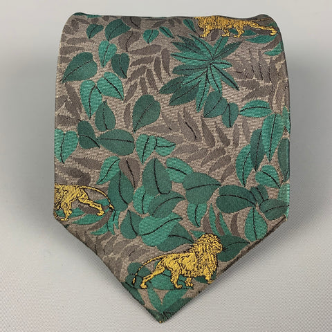 CECILIA METHENY Green Grey Print Silk Tie