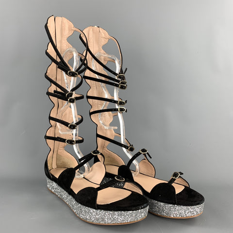 GIAMBATTISTA VALLI S/S 2016 Talla 8 Sandalias de gladiador con purpurina de ante negro