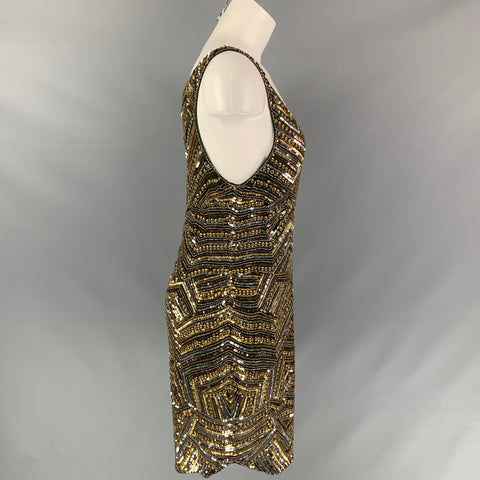HAUTE HIPPIE Size L Forest Green & Gold Silk Beaded Sleeveless Dress