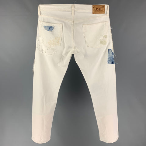POLO by RALPH LAUREN Size 33 White & Blue Distressed Cotton Zip Fly Jeans