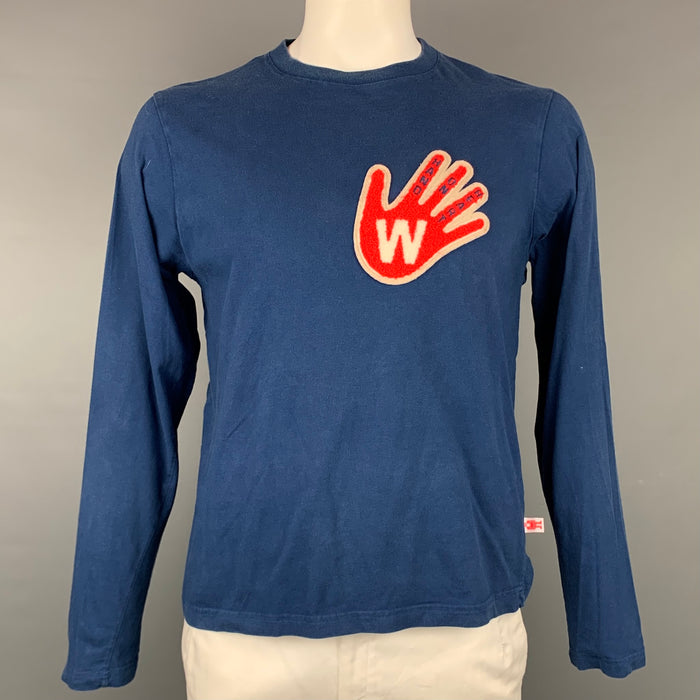 WALTER VAN BEIRENDONCK 2011 Hand On Heart Size XL Blue & Red Applique Cotton Long Sleeve Pullover