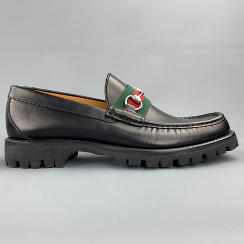 GUCCI Size 10 Black Leather Web Horsebit Lug Sole Loafers