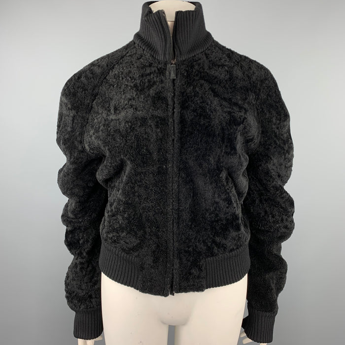 CALVIN KLEIN Size 8 Black Textured Shearling Zip Up Jacket