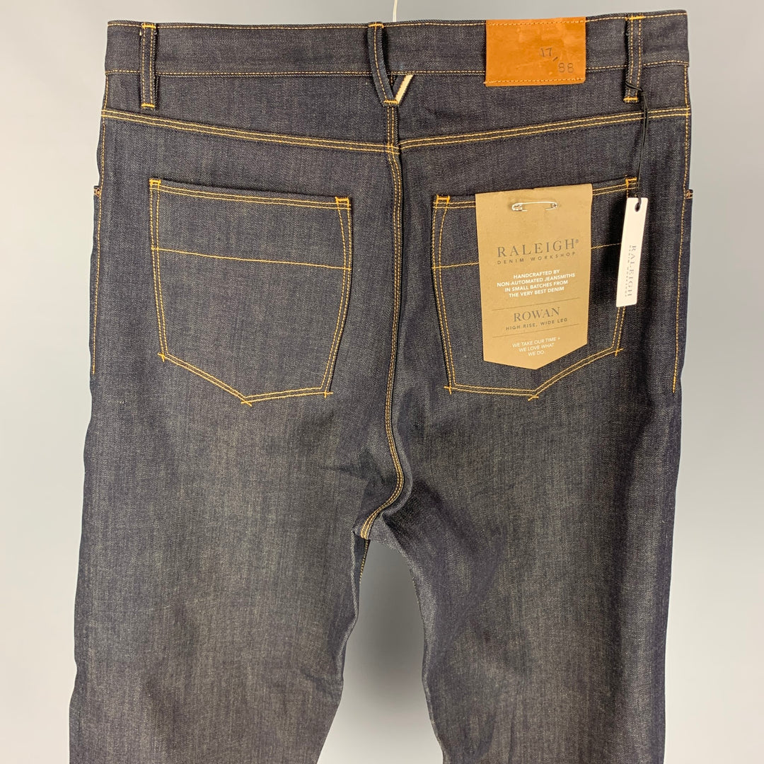 RALEIGH Size 34 Indigo Contrast Stitch Selvedge Denim Wide-Leg High Waisted Rovan Jeans