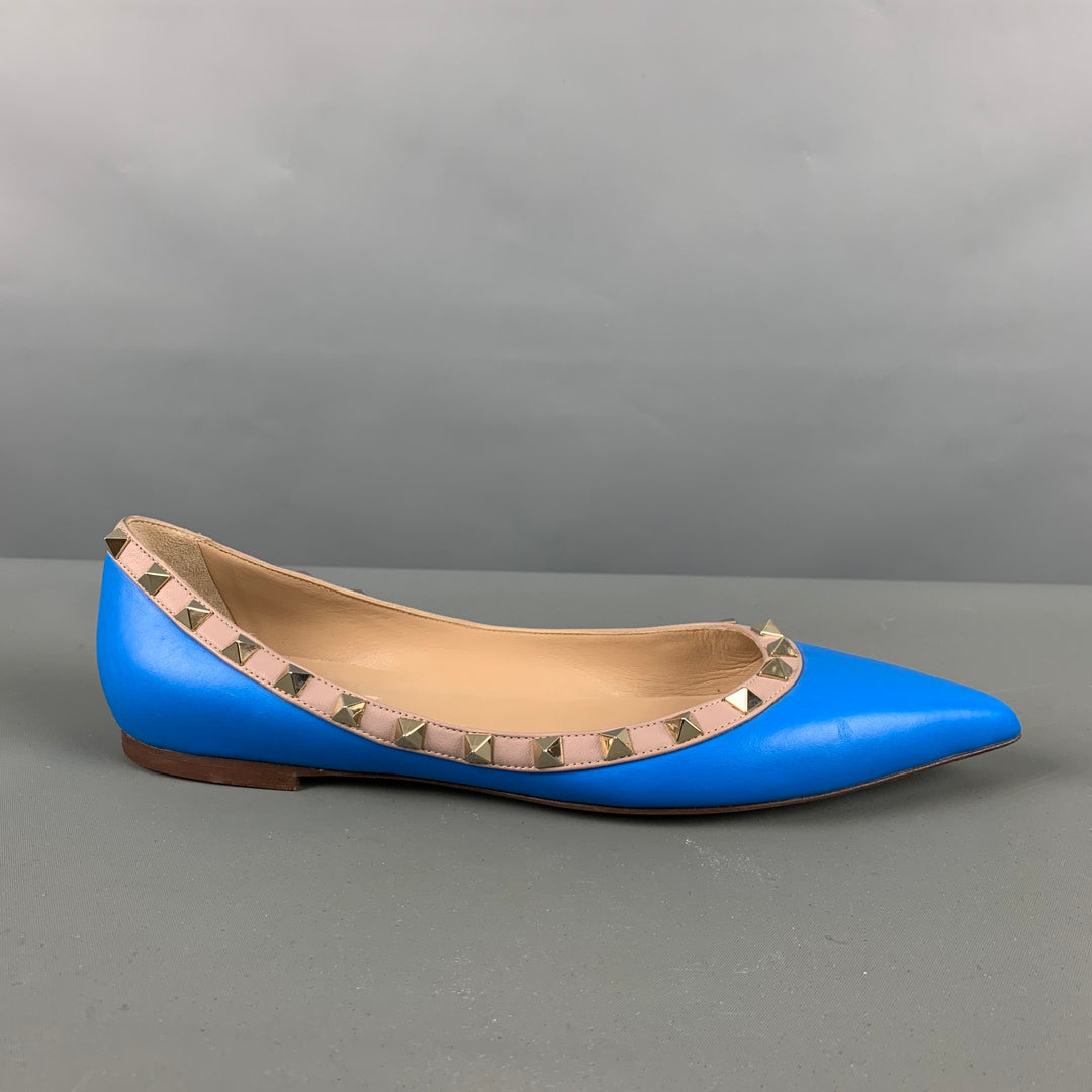 VALENTINO Size 10 Blue Nude Leather Contrast trim Flats