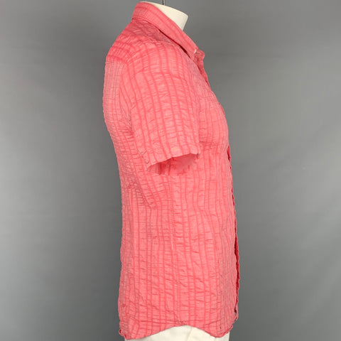 MR TURK Size L Pink Textured Linen Blend Button Up Short Sleeve Shirt