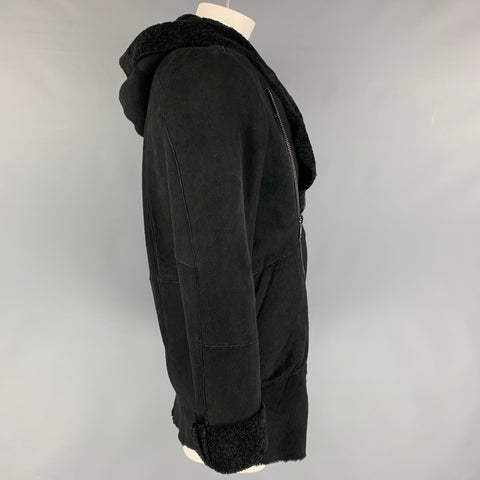GIORGIO BRATO Size 44 Black Leather Hooded Aysmmetrical Coat