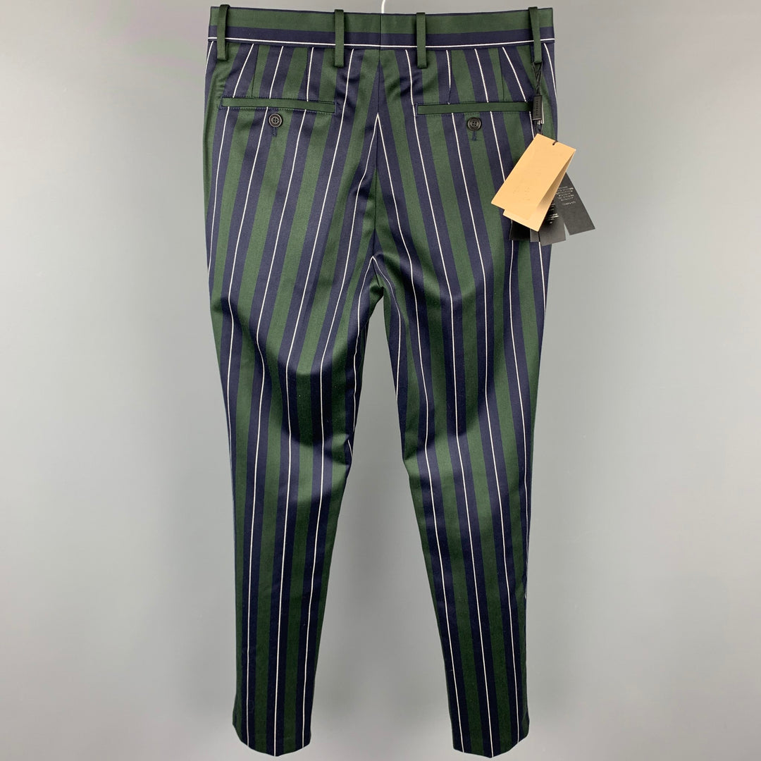 BURBERRY Taille 36 Costume à revers cranté en laine / coton à rayures verticales vert et bleu marine régulier