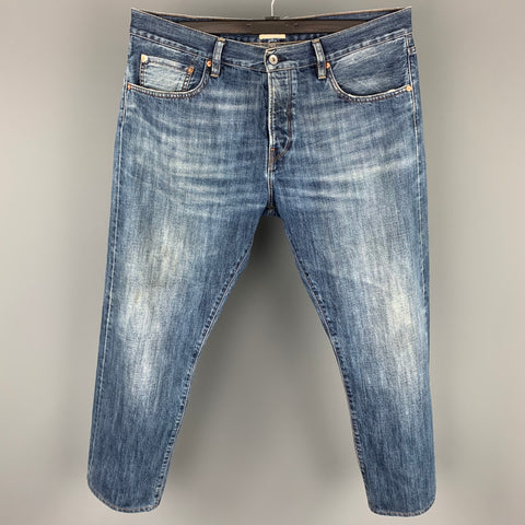C.O.F. STUDIO Size 38 Blue Distressed Selvedge Denim Button Fly Jeans