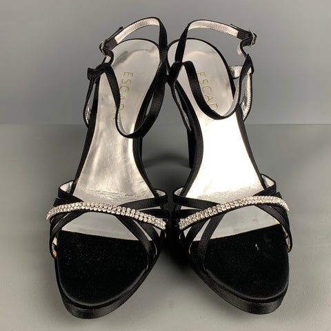 ESCADA Taille 9 Noir Argent Soie Strass Sandales Bride Cheville