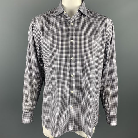 ISAIA Size XL Dark Gray Window Pane Cotton Button Up Long Sleeve Shirt