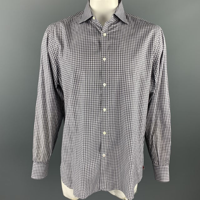 ISAIA Size XL Dark Gray Window Pane Cotton Button Up Long Sleeve Shirt