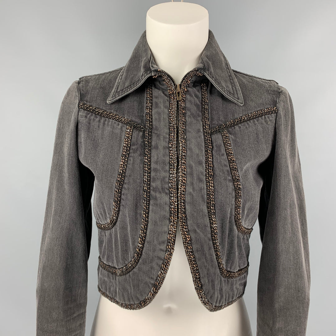 CHANEL 2008 Size 6 Charcoal Cotton Denim Chain Cropped Jacket
