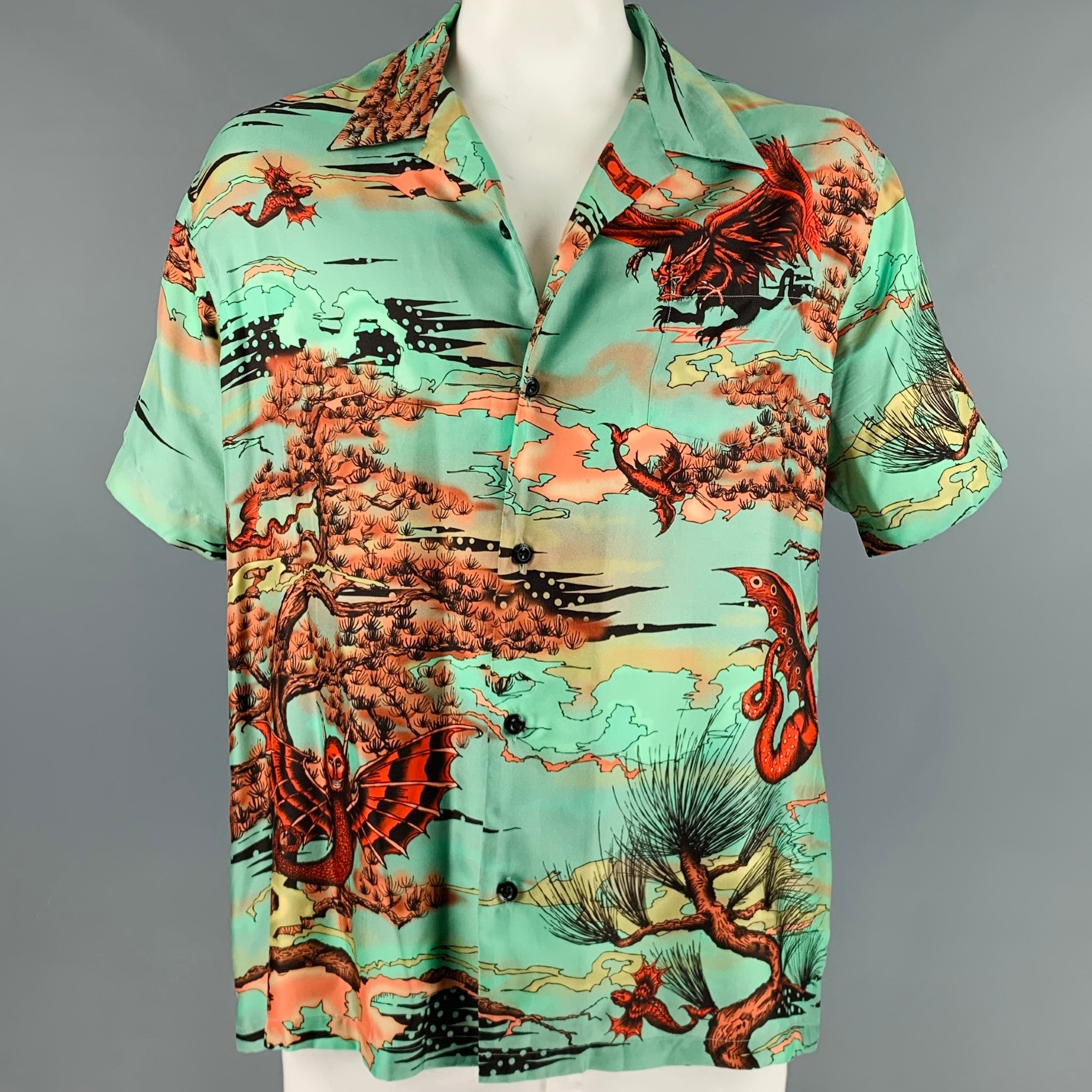 GIVENCHY Size L Green Red Orange Print Silk Camp Short Sleeve Shirt