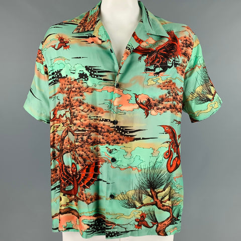 GIVENCHY Talla L Camisa de manga corta Campamento de seda con estampado verde rojo naranja